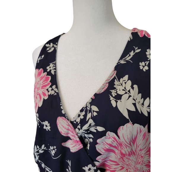 Lush Mini Blue Pink Floral Sleeveless Skater Dress V-Neck Key Hole Back Sz L - Picture 4 of 8